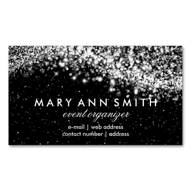 Elegant Professional Silver Sparkling Wave Black Magnetic Business Card (Front)