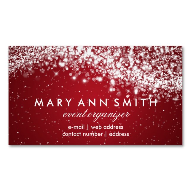 Elegant Professional Silver Sparkling Wave Red Magnetic Business Card (Front)