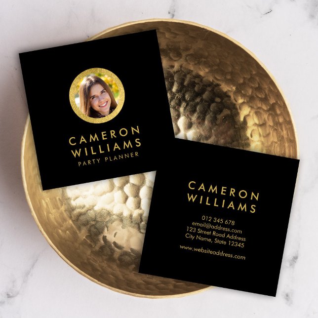 Elegant Profile Photo Modern Black and Faux Gold Square Business Card (Creator Uploaded)