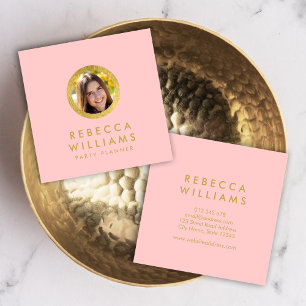 Elegant Profile Photo Pink Rose and Faux Gold Square Business Card