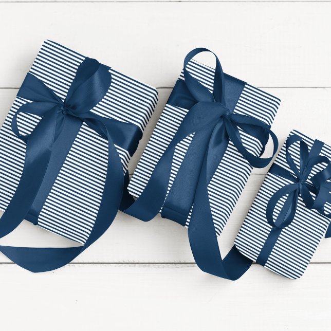 Elegant Prussian Blue and White Thin Striped Wrapping Paper (Elegant Thin Striped Wrapping Paper with Prussian Blue and White Lines. Chic Fall / Winter Gift Wrap)