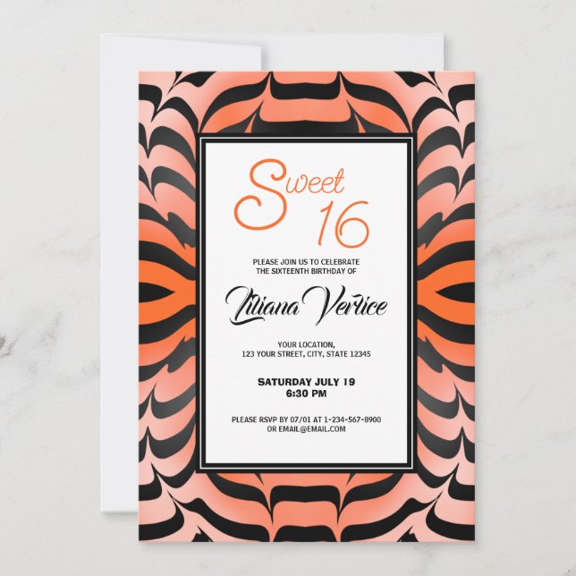 Elegant Psychedelic Orange Black Tiger Skin Print Invitation (Front)