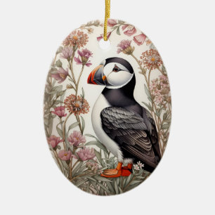 Elegant Puffin William Morris Inspired Floral Ceramic Tree Decoration