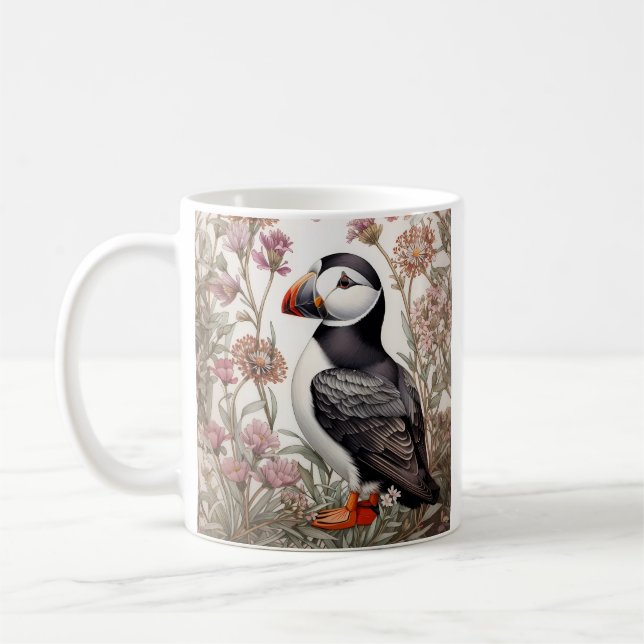 Elegant Puffin William Morris Inspired Floral Coffee Mug (Left)