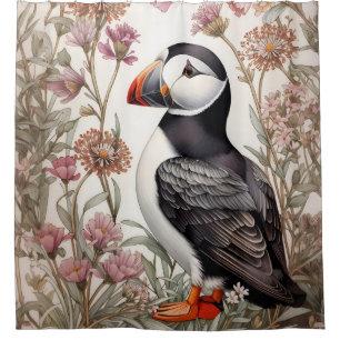 Elegant Puffin William Morris Inspired Floral Shower Curtain