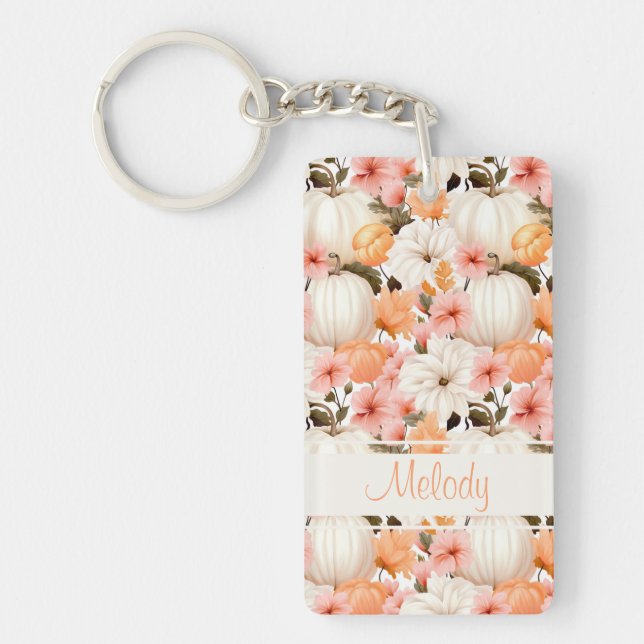 Elegant Pumpkin and flowers fall pattern Key Ring (Front)