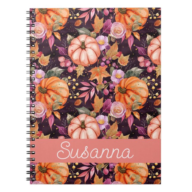 Elegant Pumpkin and flowers fall pattern Notebook (Front)
