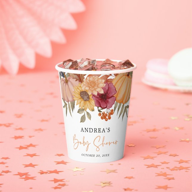 Elegant Pumpkin Autumn Fall Flower Baby Shower Paper Cups (Insitu)