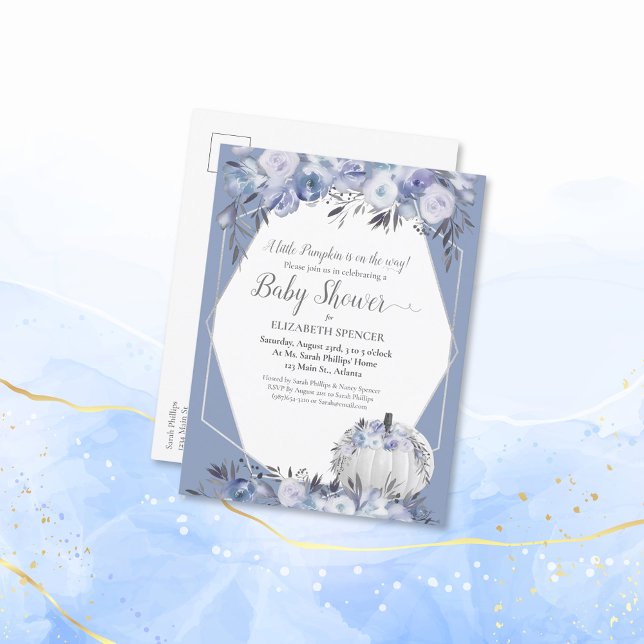 Elegant Pumpkin Baby Shower Dusty Blue Announcement Postcard (Creator Uploaded)