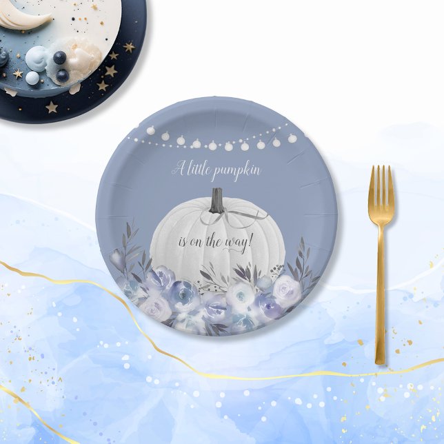 Elegant Pumpkin Baby Shower Dusty Blue Paper Plate (Creator Uploaded)