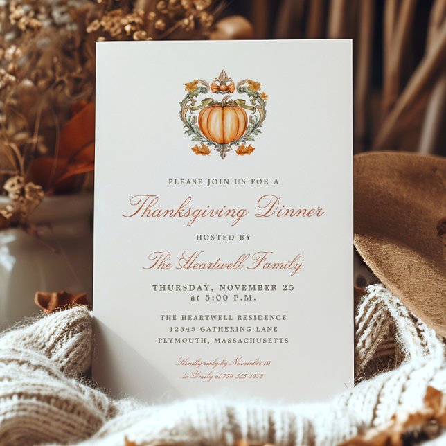 Elegant Pumpkin Crest Script Thanksgiving Dinner Invitation (Creator Uploaded)