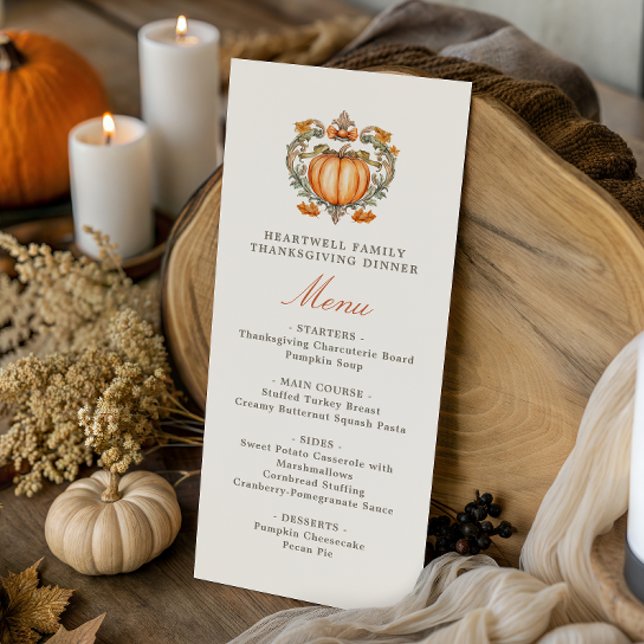 Elegant Pumpkin Crest Script Thanksgiving Dinner Menu (Creator Uploaded)