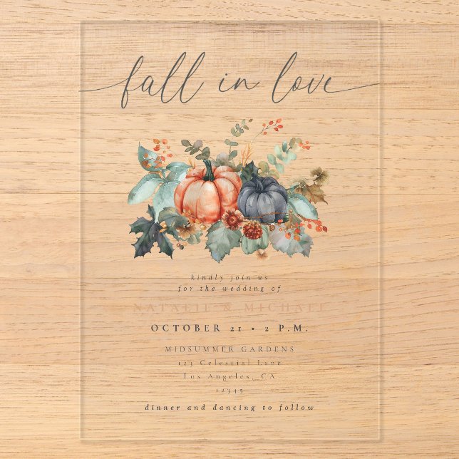 Elegant Pumpkin Fall in Love Wedding Acrylic Invitations (Front)