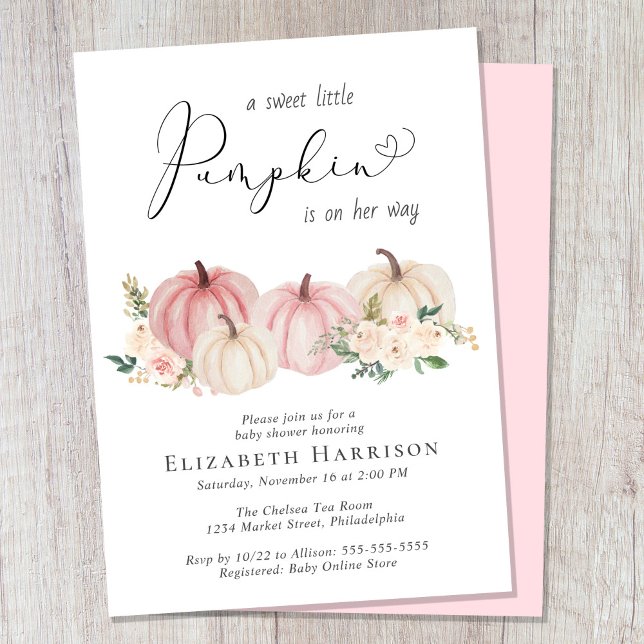 Elegant Pumpkin Floral Baby Girl Shower Invitation (Celebrate the upcoming arrival of your sweet little autumn baby with a pumpkin-themed baby shower)