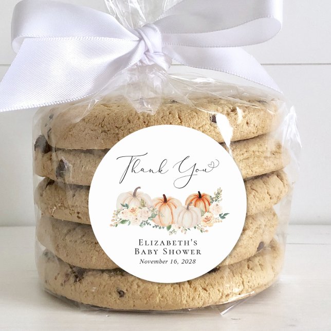 Elegant Pumpkin Floral Baby Shower Thank You Classic Round Sticker (Creator Uploaded)