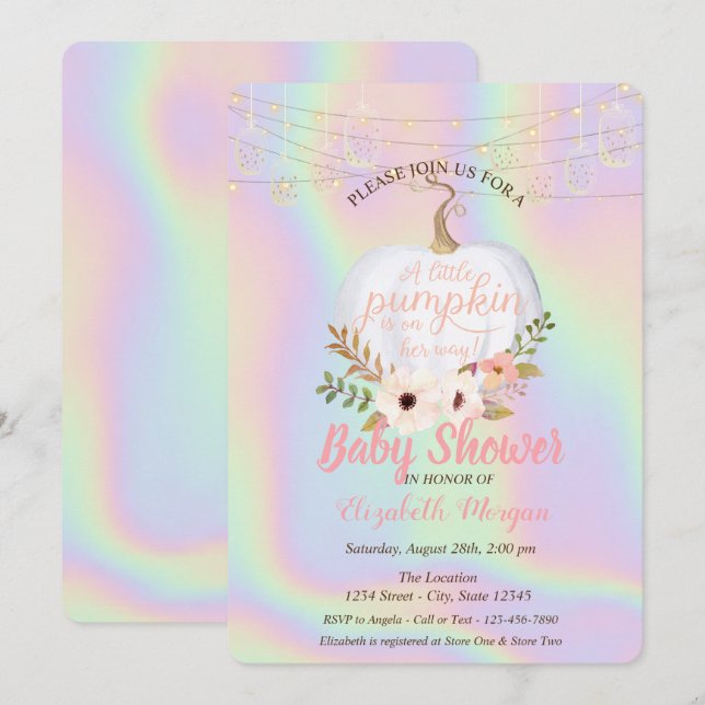 Elegant Pumpkin, Floral Holographic Baby Shower Invitation (Front/Back)