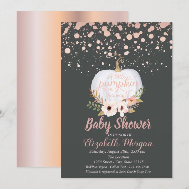 Elegant Pumpkin,Floral,Rose Gold Baby Shower Invitation (Front/Back)