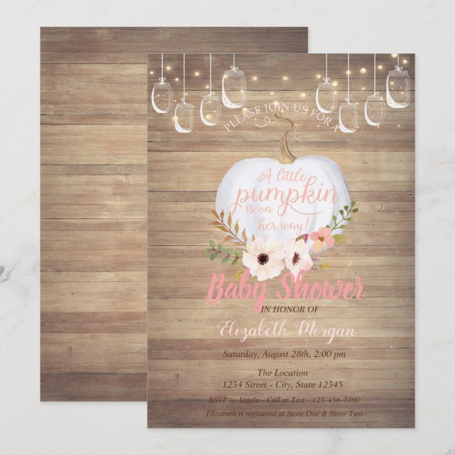 Elegant Pumpkin,Floral, Wood Texture Baby Shower Invitation (Front/Back)