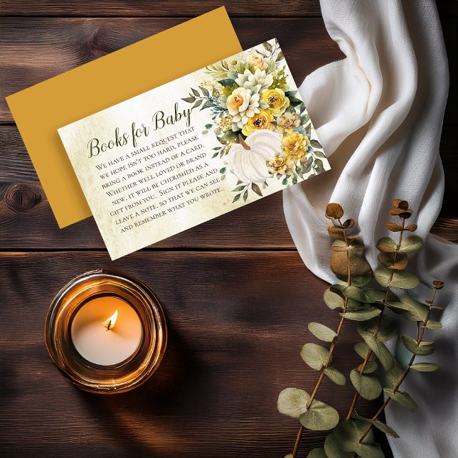 Elegant Pumpkin Harvest Baby Shower Books for Baby Enclosure Card (White Pumpkin and Gold Floral Baby Shower Books for Baby Insert Cards - A Little Pumpkin Collection)