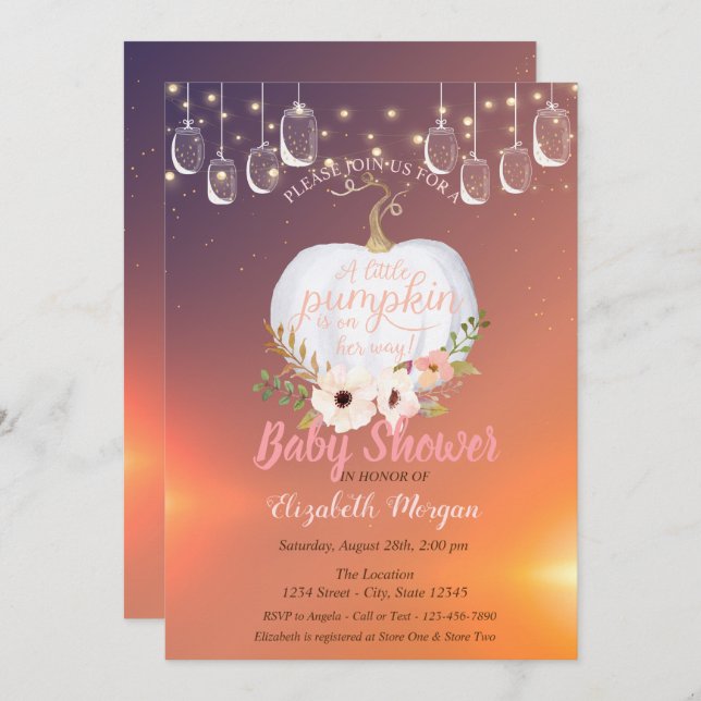 Elegant Pumpkin,Lights, Floral Texture Baby Shower Invitation (Front/Back)