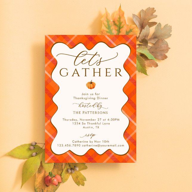 Elegant Pumpkin Orange Plaid Thanksgiving Dinner Invitation (Creator Uploaded)