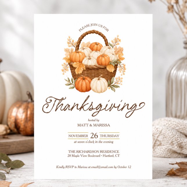 Elegant Pumpkin Thanksgiving Dinner Invitation (elegant pumpkin harvest basket thanksgiving friendsgiving dinner invitation card)