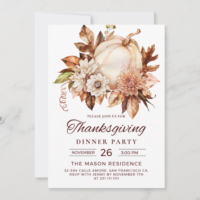 Elegant Pumpkin Thanksgiving Dinner Party  Invitation (Front)