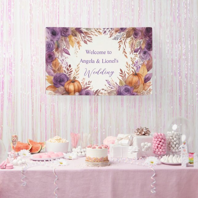 Elegant Pumpkins Purple Flowers Wedding Banner (Party)