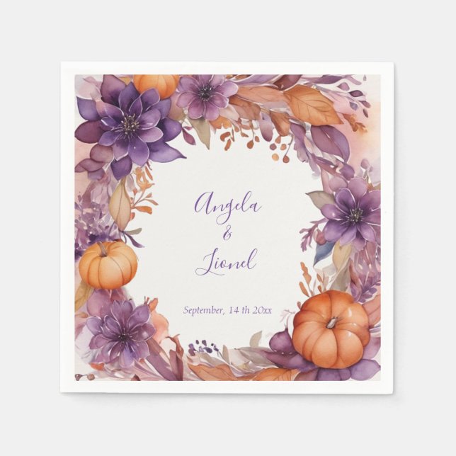 Elegant Pumpkins Purple Flowers Wedding Napkin (Front)