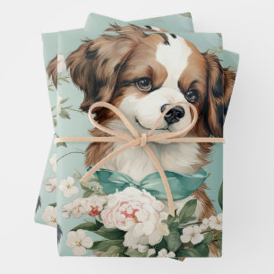Elegant Puppy and Floral Print Wrapping Paper Sheet