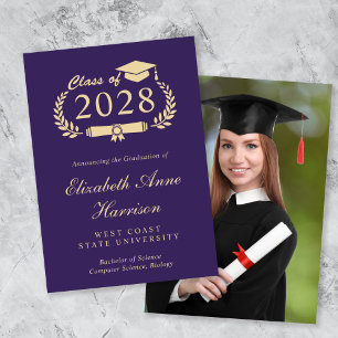 Elegant Purpel Gold Photo College Graduation Announcement