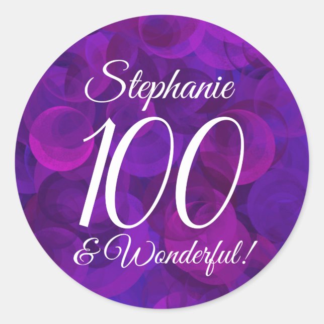 Elegant Purple 100 and Wonderful Birthday Favour Classic Round Sticker (Front)