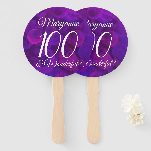 Elegant Purple 100 and Wonderful Birthday Party Hand Fan (Front and Back)