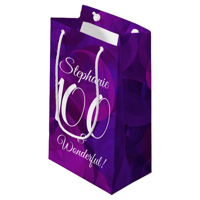 Elegant Purple 100 and Wonderful Birthday Party Small Gift Bag (Front Angled)