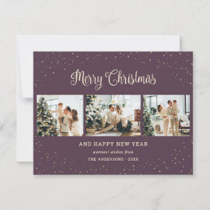 Elegant Purple 3 Photo Merry Christmas Cards