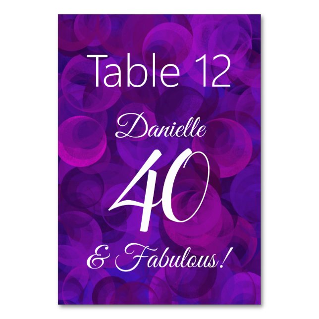 Elegant Purple 40 and Fabulous Birthday Party Name Table Number (Front)