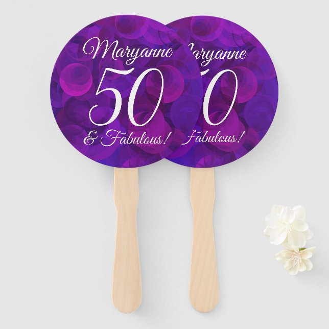 Elegant Purple 50 and Fabulous Birthday Party Hand Fan (Front and Back)
