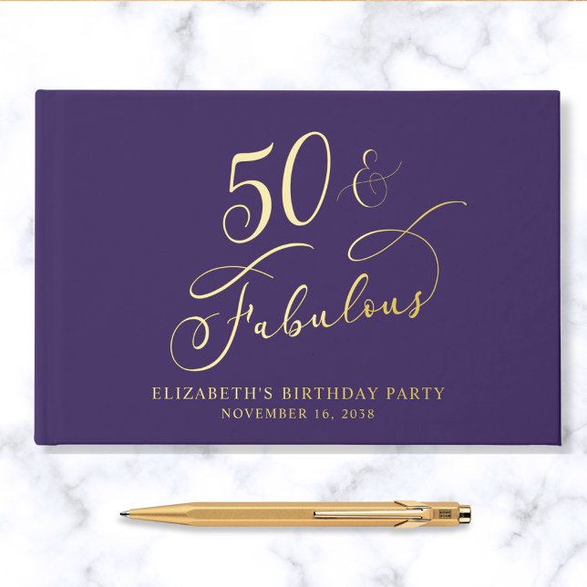 Elegant Purple 50th Birthday Party Gold Guest Book (Creator Uploaded)