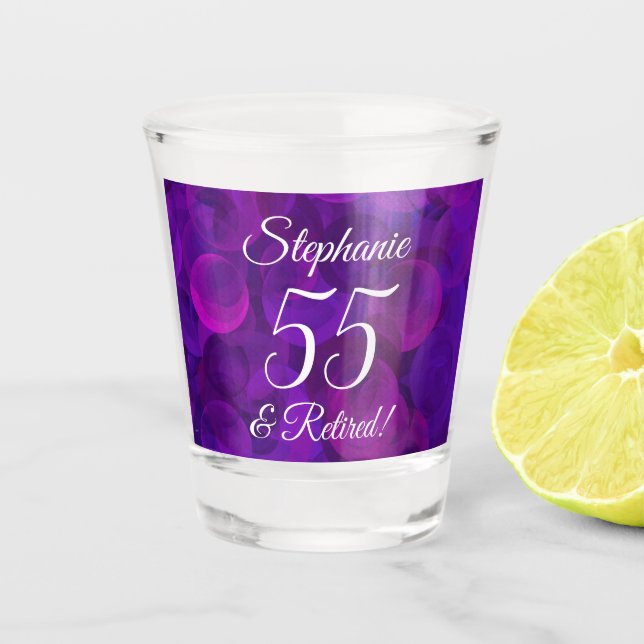 Elegant Purple 55 and Retired Retirement Shot Glass (Front)