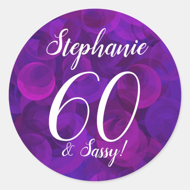 Elegant Purple 60 and Sassy Birthday Favour Classic Round Sticker (Front)