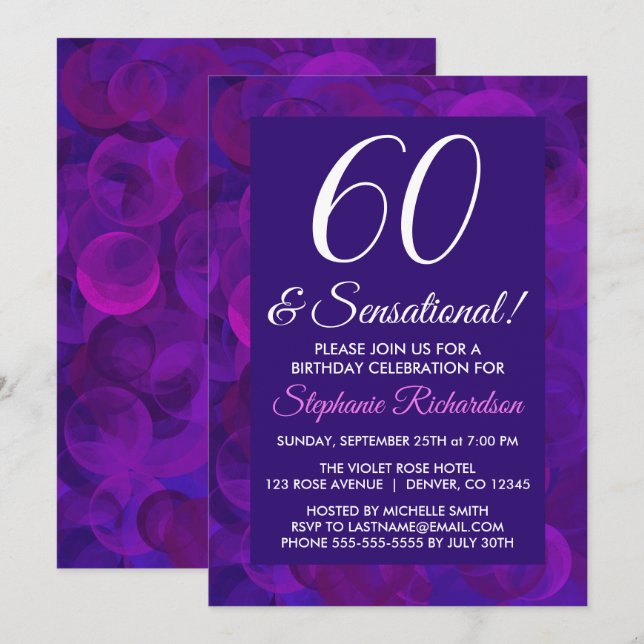 Elegant Purple 60 and Sensational Birthday Party Invitation (Front/Back)