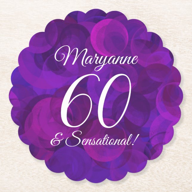 Elegant Purple 60 and Sensational Birthday Party Paper Coaster (Front)