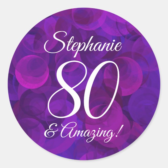Elegant Purple 80 and Amazing Birthday Favour Classic Round Sticker (Front)