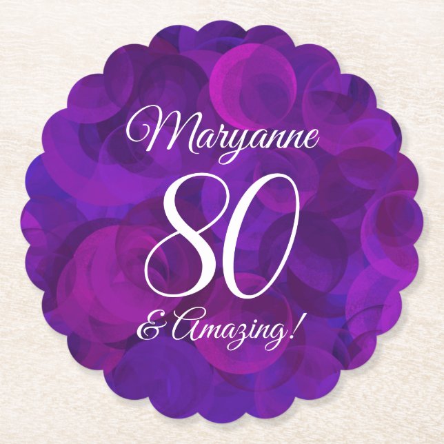Elegant Purple 80 and Amazing Birthday Party Paper Coaster (Front)