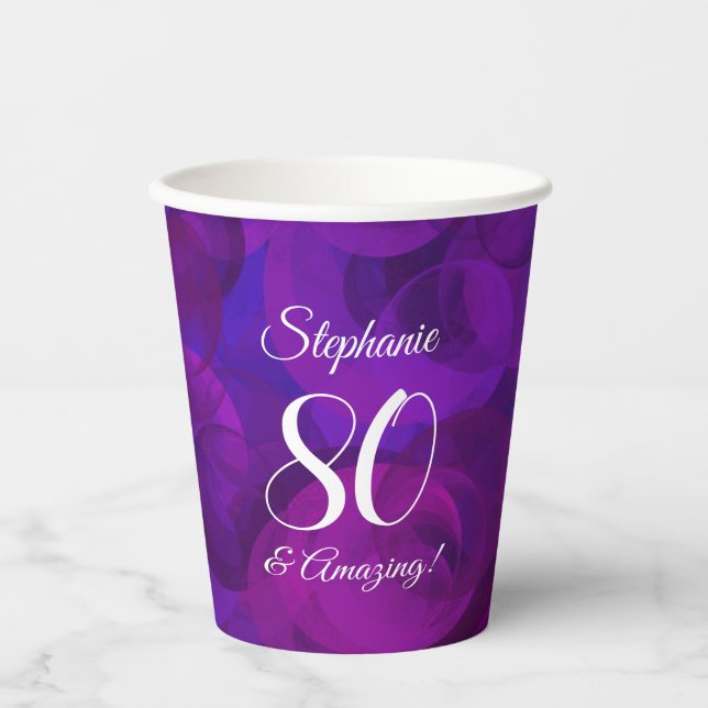 Elegant Purple 80 and Amazing Birthday Party Paper Cups (Front)