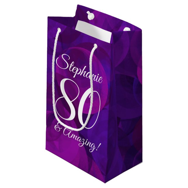 Elegant Purple 80 and Amazing Birthday Party Small Gift Bag (Front Angled)