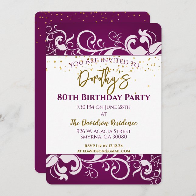 Elegant Purple 80th Birthday Invitation (Front/Back)