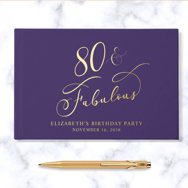 Elegant Purple 80th Birthday Party Gold Guest Book (Creator Uploaded)