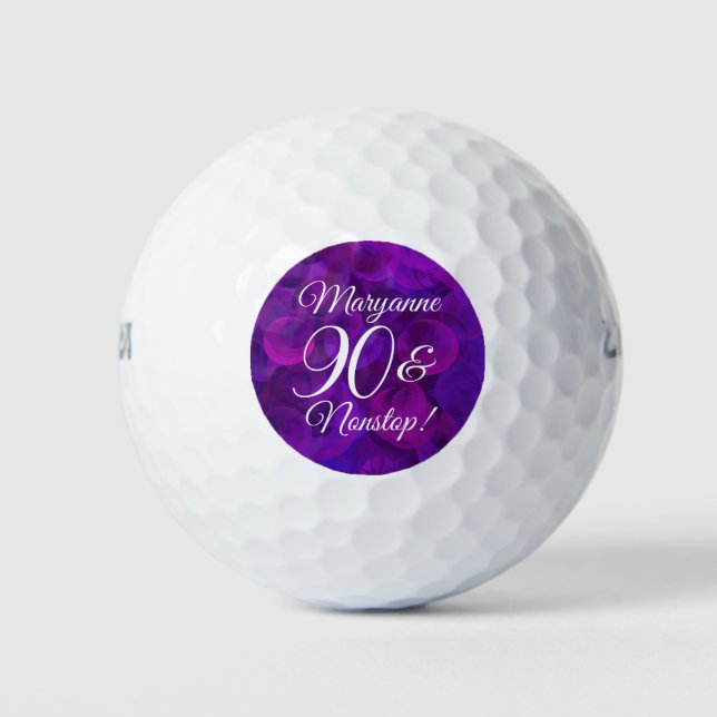 Elegant Purple 90 and Nonstop Birthday Party Golf Balls (Front)