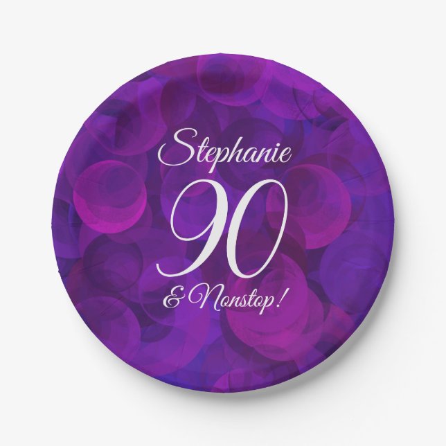 Elegant Purple 90 and Nonstop Birthday Party Paper Plate (Front)